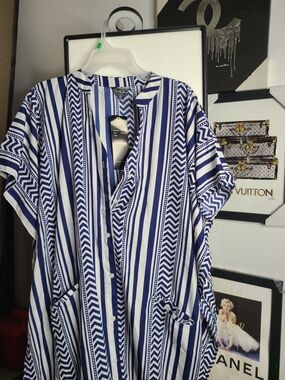 Blue and White Striped Button-Front Tunic